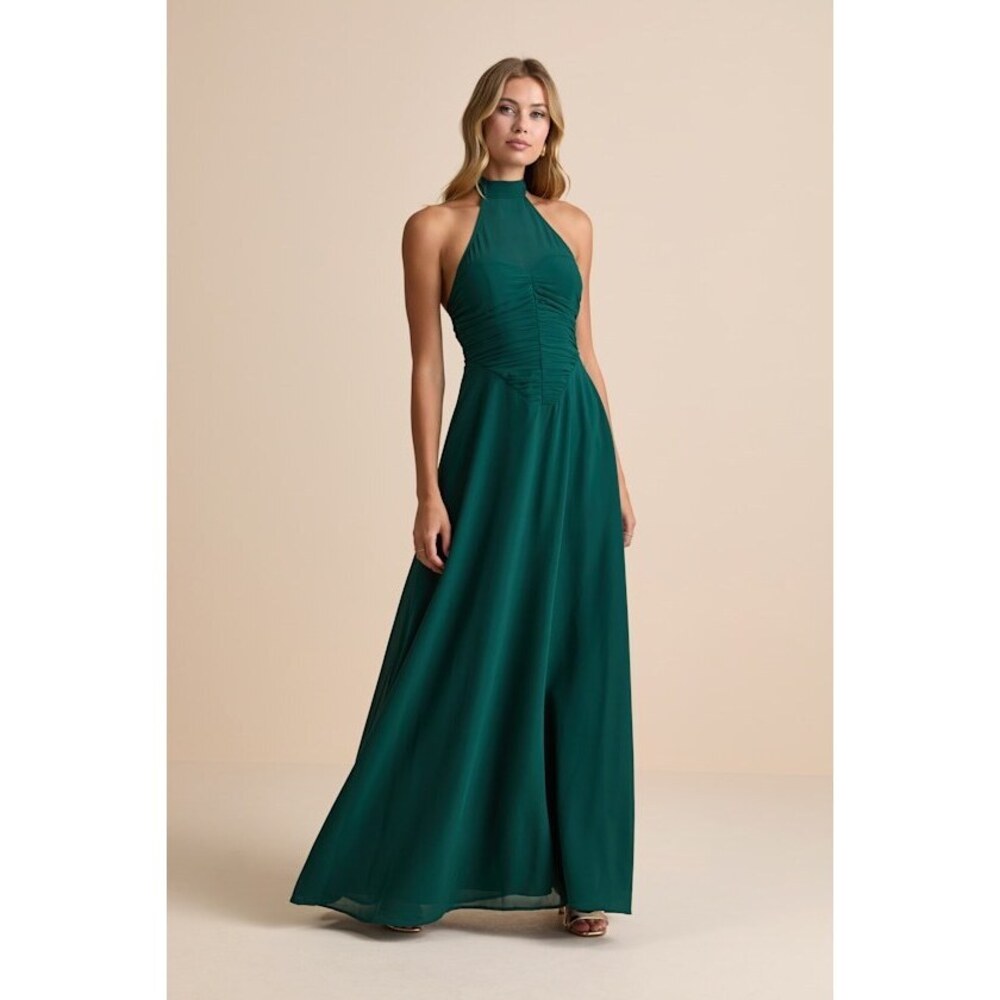 Lulus Cammie Emerald Halter Neck Ruched Maxi Dress Green - Size M
